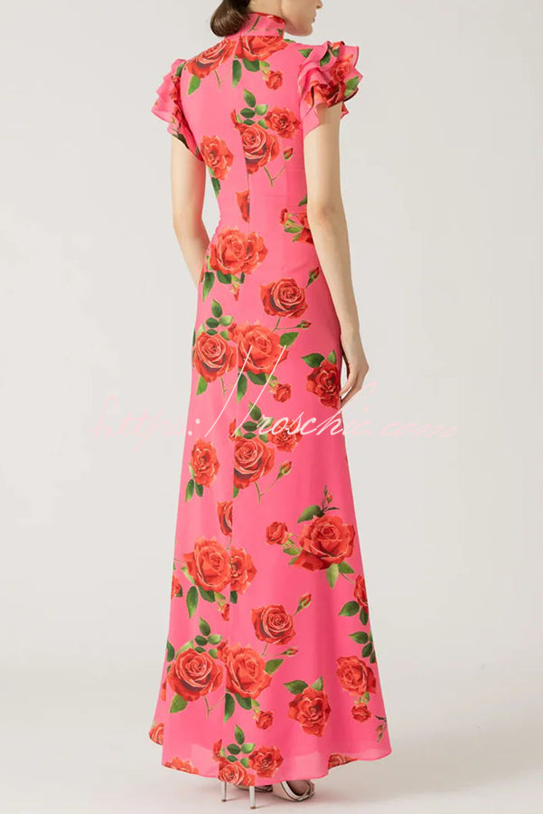 Cheongsam Style Rose Print Tiered Flare Sleeve Stretch Maxi Dress