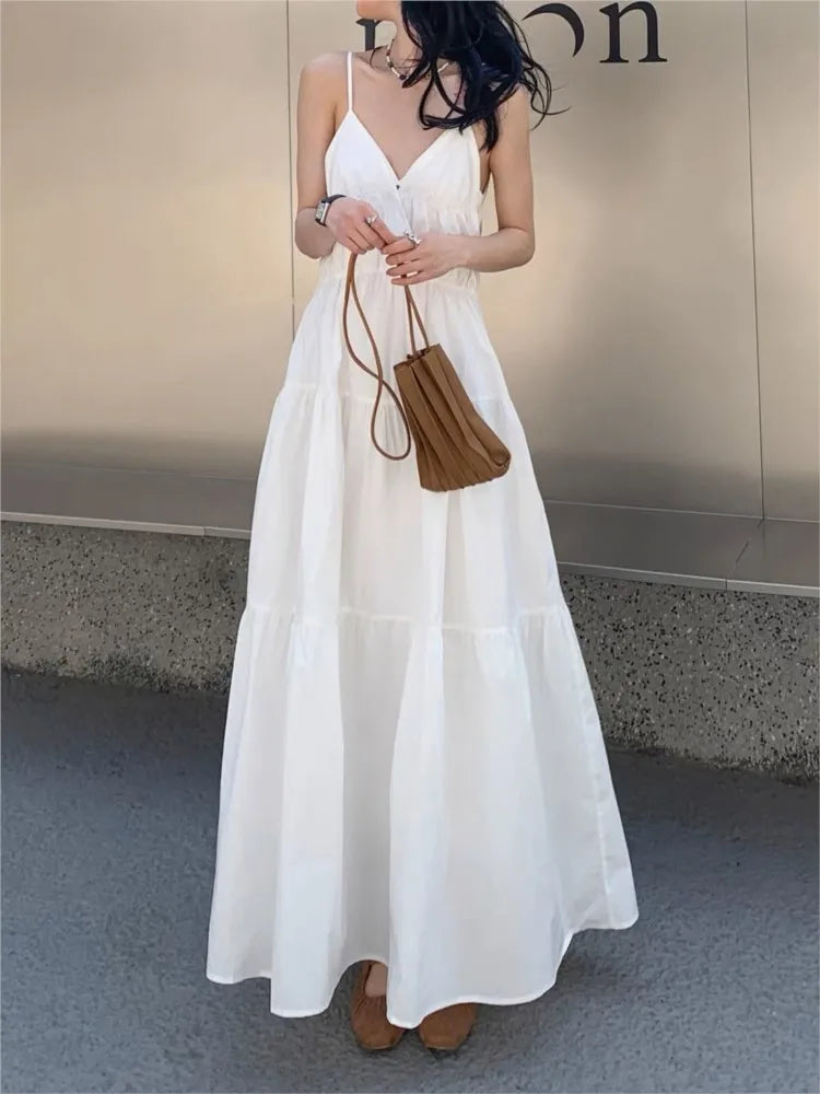 Loose Summer Dress Spaghetti Strap V-neck Vocation Vestidos Korean A-line Clothes New Long Dresses
