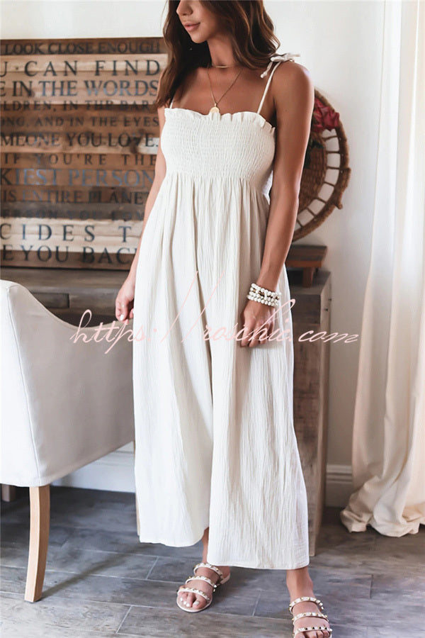 Color High Waist Linen Blend Suspender Pleated Jumpsuit