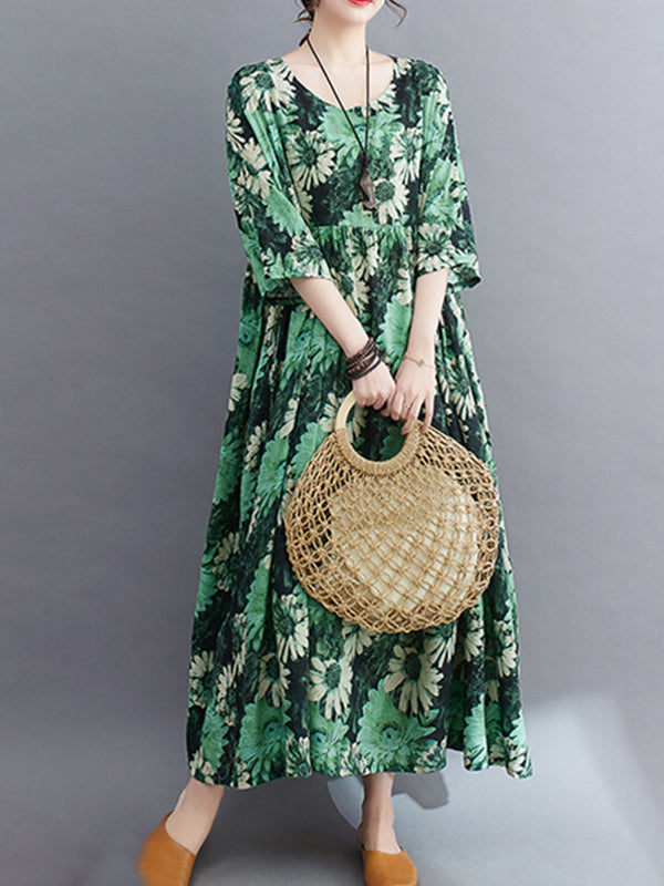 Loose Raglan Sleeve Printed Pleated Split-joint Round-neck Midi Dresses