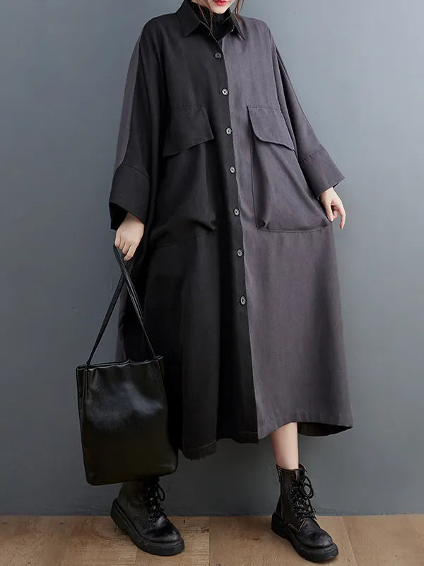 Long Sleeves Loose Buttoned Contrast Color Split-joint Lapel Collar Midi Dresses
