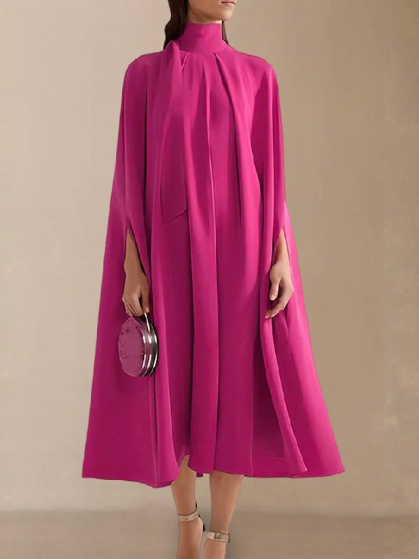 Simple Batwing Sleeves Lace-up Color High-neck Midi Dresses
