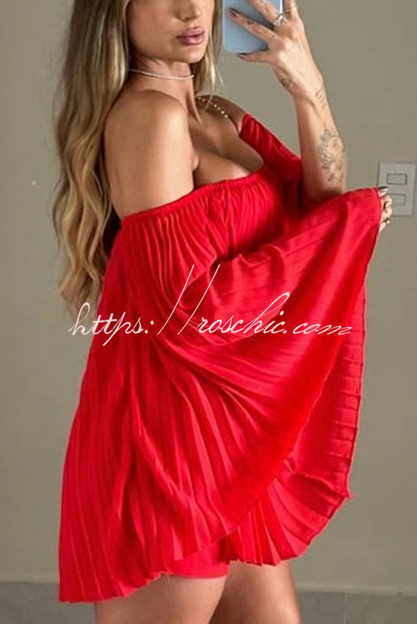 Off-the-shoulder Pleated Loose Top and Elastic Waist Shorts Set