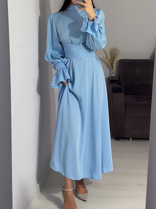 A-line Long Sleeves Pleated Color Tied Waist Zipper Mock Neck Maxi Dresses