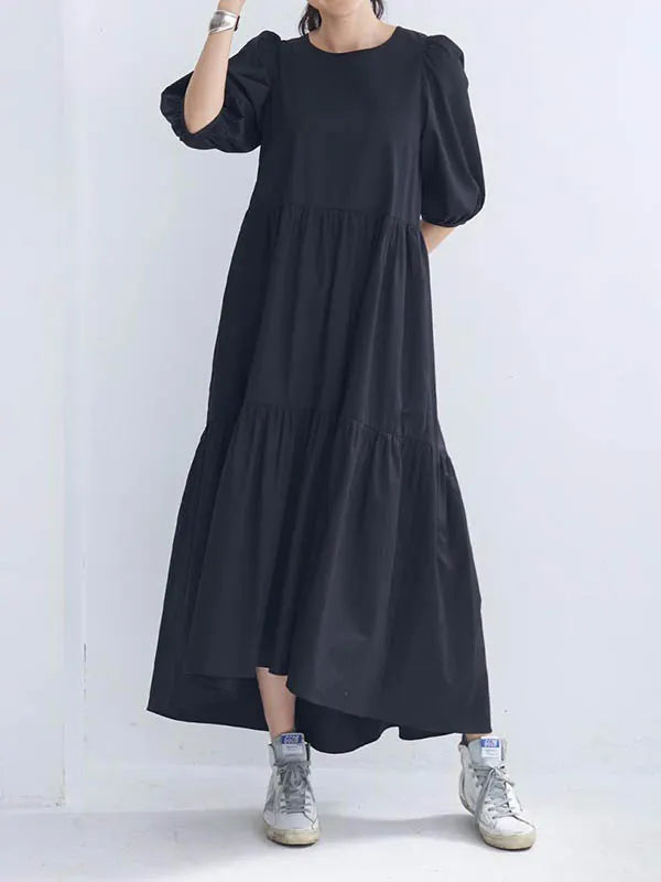Half Sleeves Puff Sleeves Breathable See-through Color Round-neck Midi Dresses