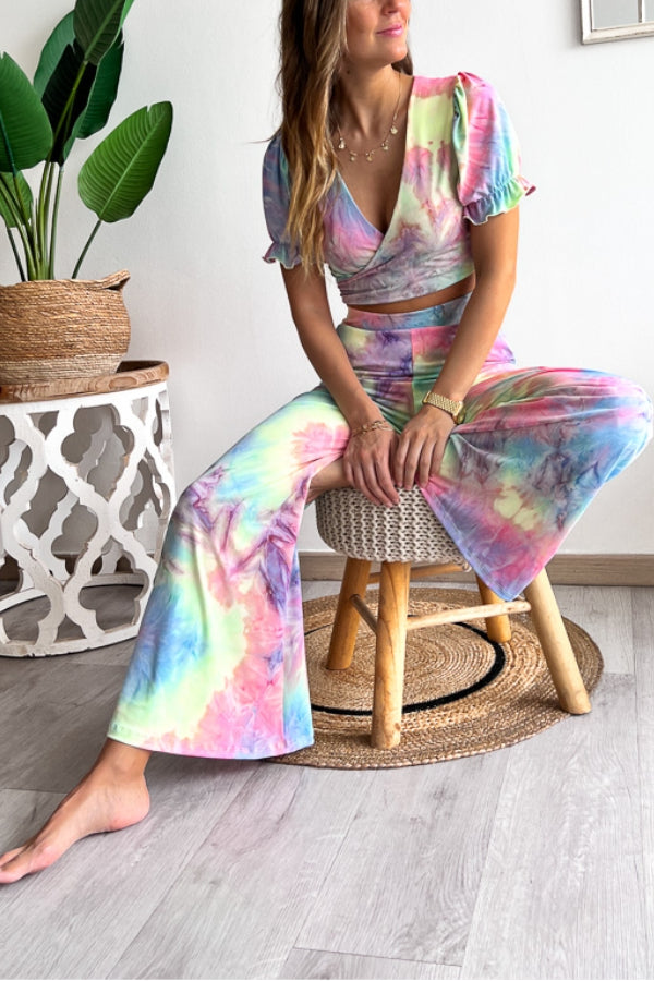 Print V Neck Short Sleeves Crop Top Elastic Waist Wide Leg Pants Set