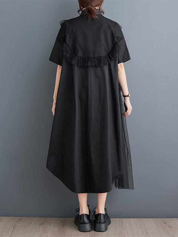 A-line Half Sleeves Asymmetric Buttoned Ruffled Color Split-joint Lapel Midi Dresses Shirt Dress
