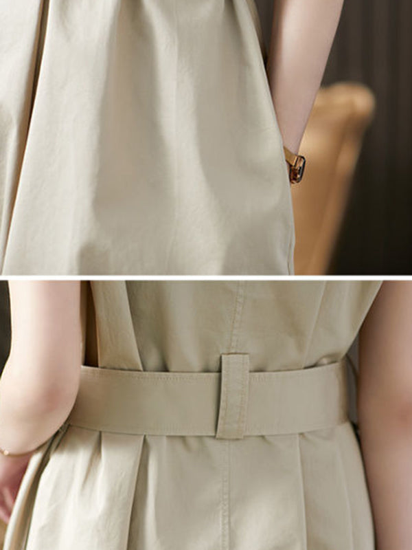 Short Sleeves Bandage Color Lapel Midi Dresses