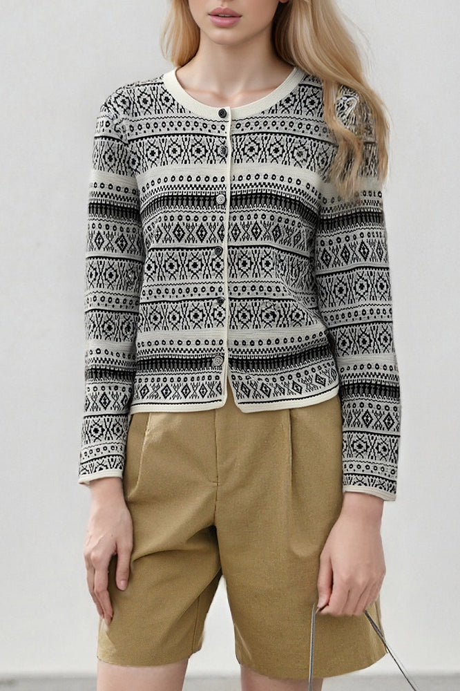 Jacquard Crew Neck Button Knit Cardigan