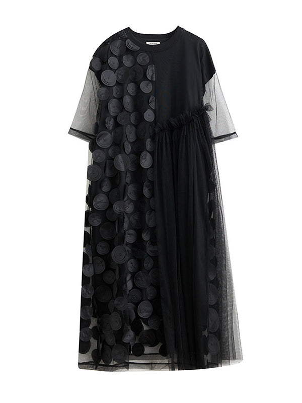 Loose Short Sleeves Asymmetric Gauze Split-joint Round-neck Midi Dresses