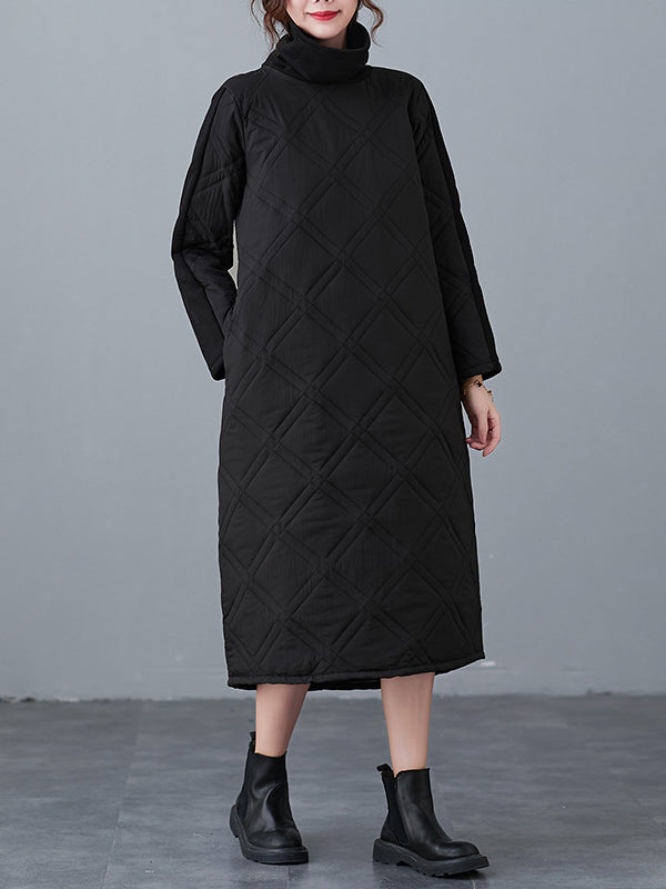 A-line Long Sleeves Color High-neck Midi Dresses
