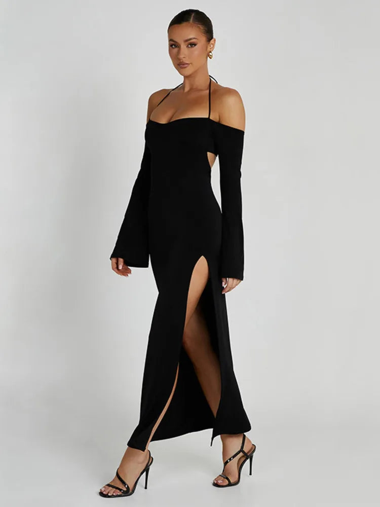 Backless Split Hollow Out Long Sleeve Dress Lace Up Bodycon Maxi Dress Party Club Evening Dress New