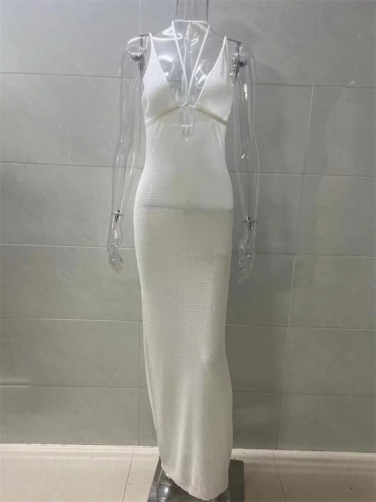 Bandage Backless Halter Dress – Lace-up V-neck Patchwork Long Dress for – See-through Party Dress