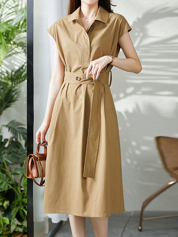 Short Sleeves Bandage Color Lapel Midi Dresses