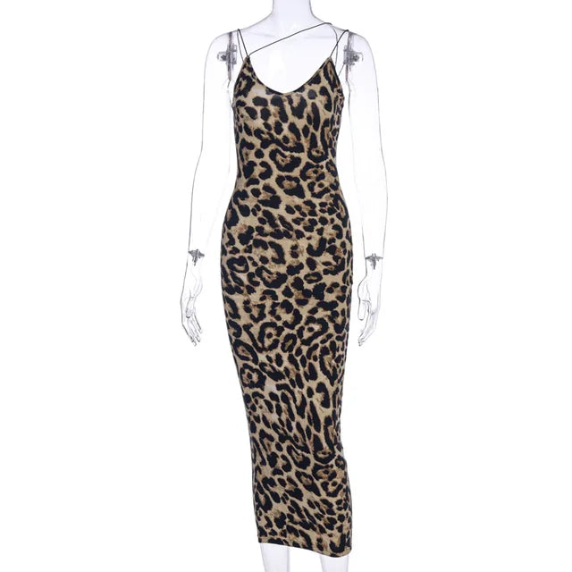 Leopard Print Sleeveless V-neck Midi Dress Spring Christmas Party Outfits