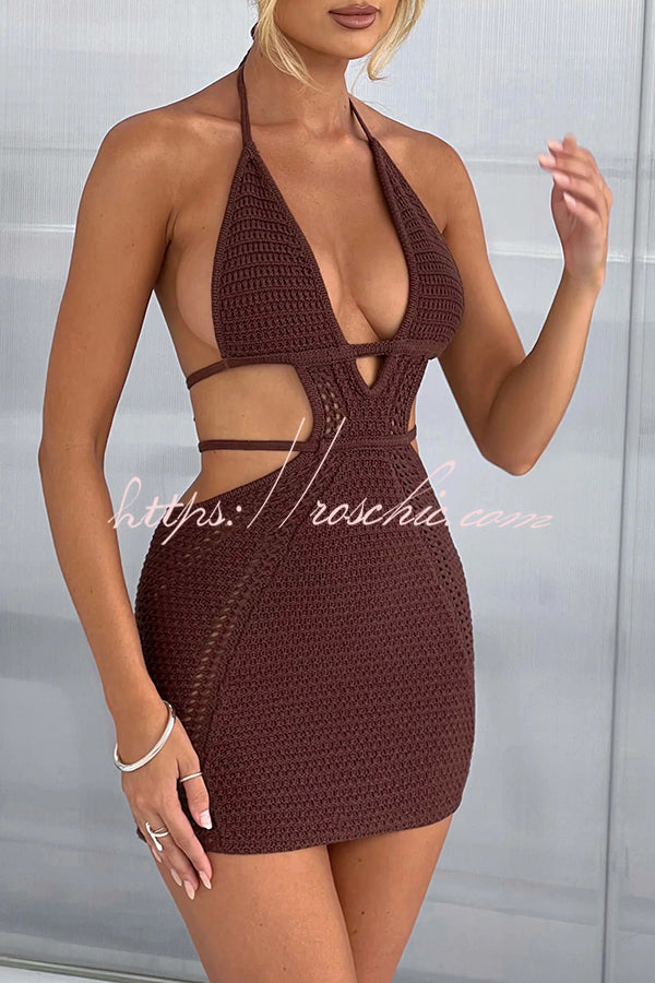 Effortlessly Cool and Knit Crochet Cutout Halter Tie-up Stretch Mini Dress