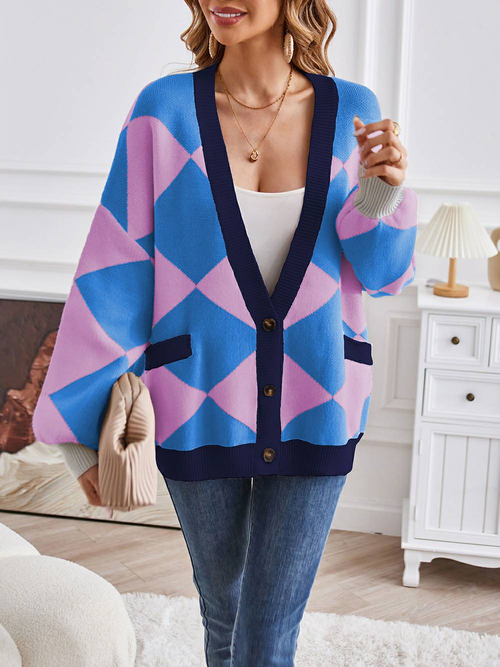 V-neck Geometric Color Block Knit Cardigan