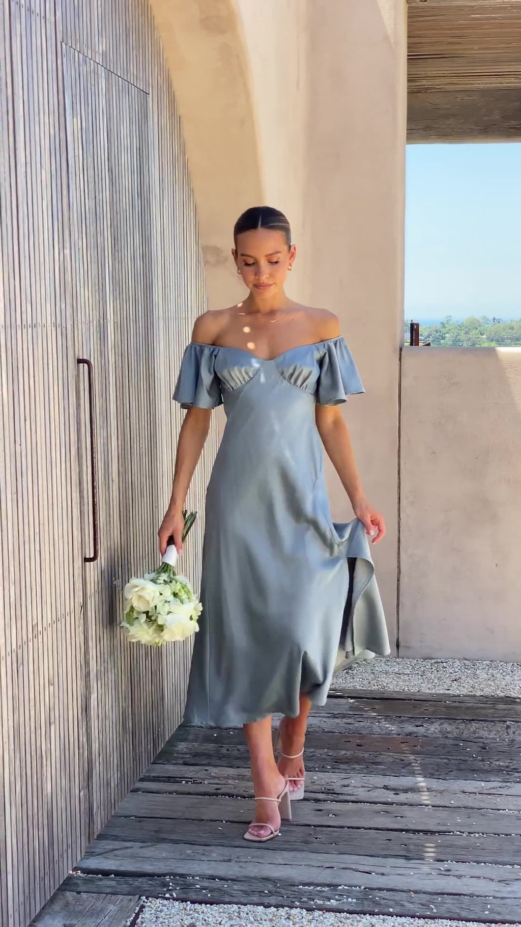Side Split Midi Dress: Off the Shoulder Flutter Sleeve