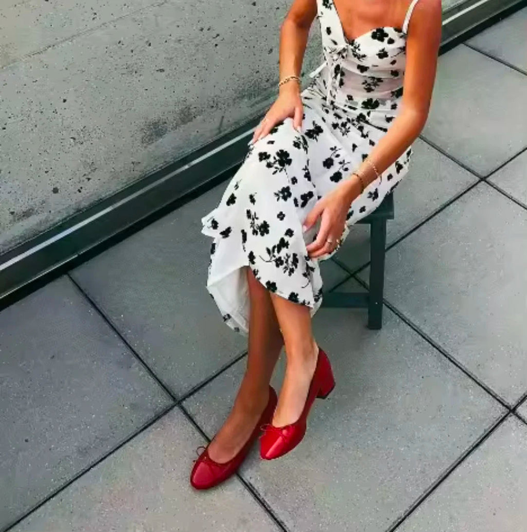 Spring New Round Toe Burgundy Cherry Red Ballet Shoes High Low Heel Bow Pumps Low Top Flat Patent Leather Small Red Shoes