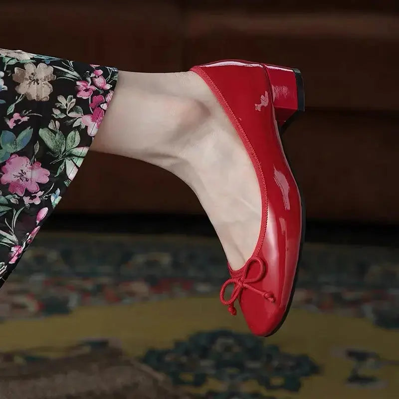 Spring New Round Toe Burgundy Cherry Red Ballet Shoes High Low Heel Bow Pumps Low Top Flat Patent Leather Small Red Shoes
