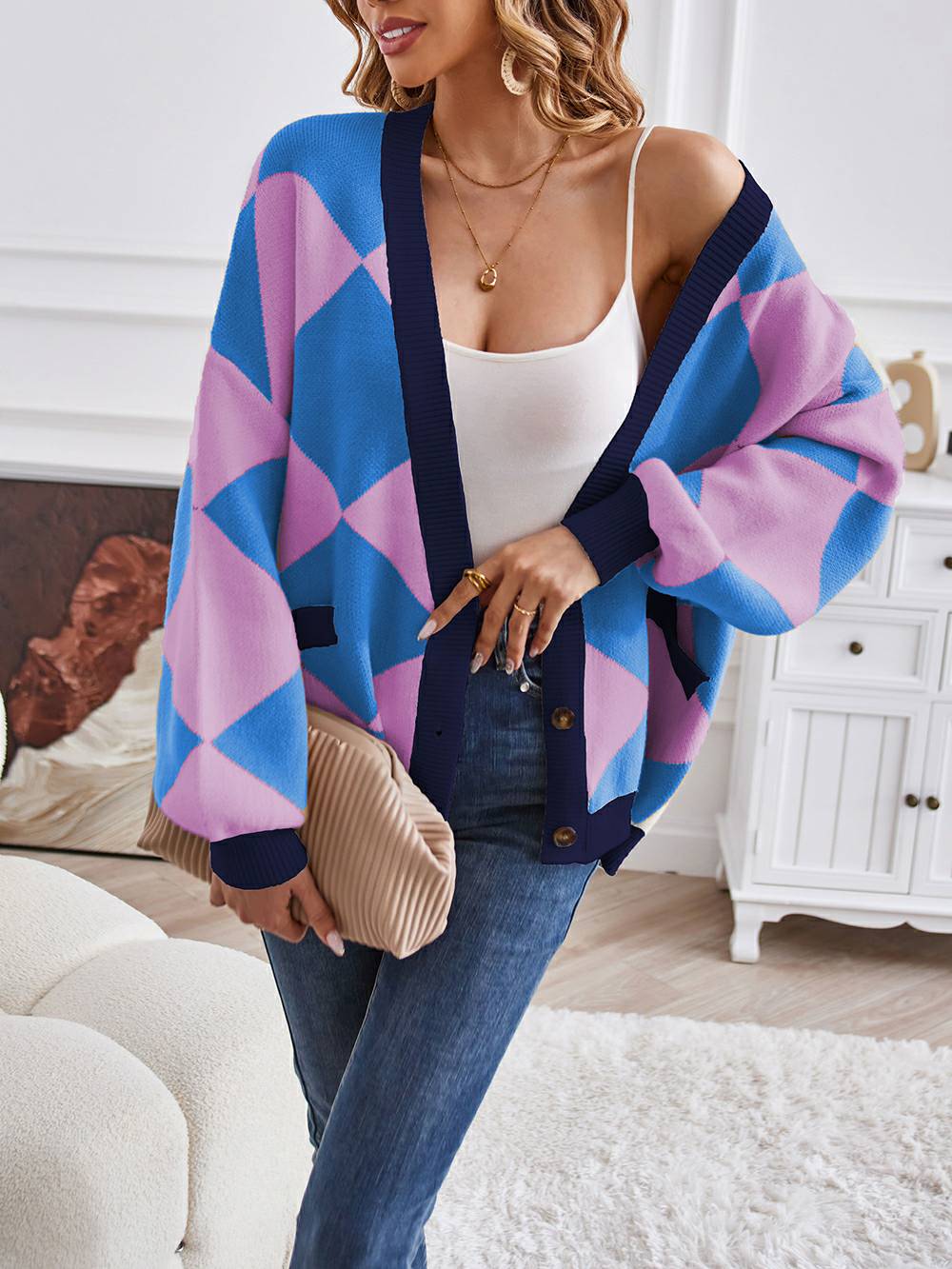 V-neck Geometric Color Block Knit Cardigan