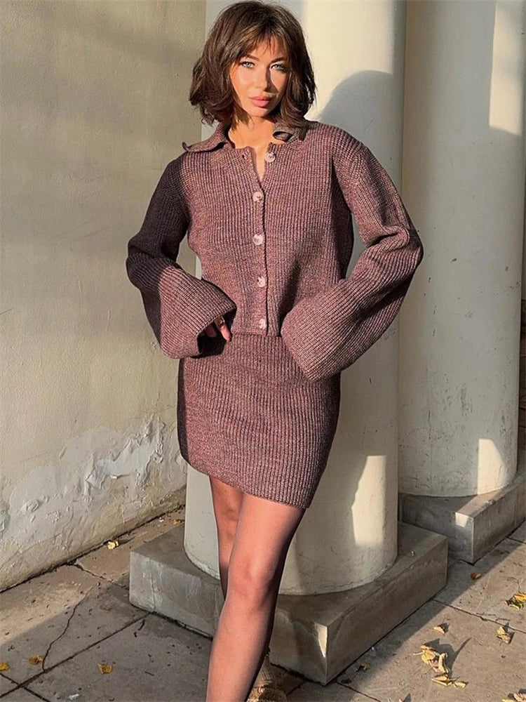 ’s Knitted Suit Lapel Flare Sleeve Cardigan Skirt Autumn Winter New Slim Female Sweater Two Piece Sets