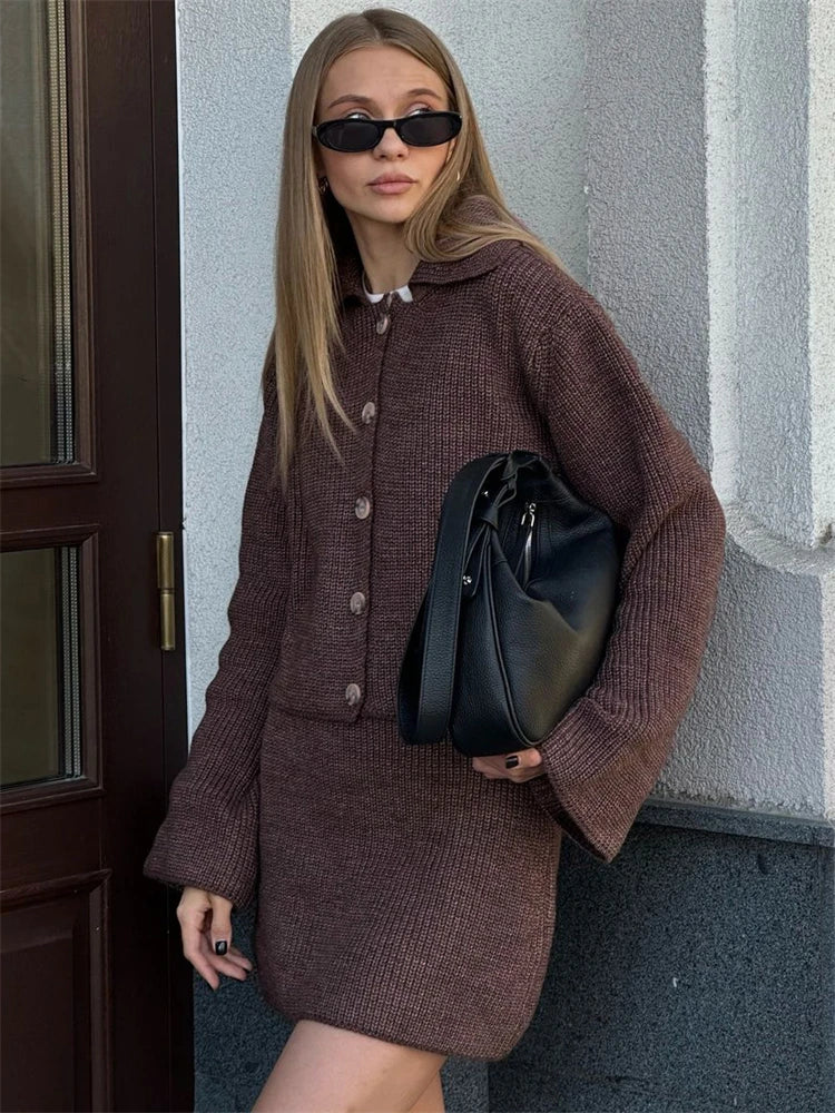 ’s Knitted Suit Lapel Flare Sleeve Cardigan Skirt Autumn Winter New Slim Female Sweater Two Piece Sets