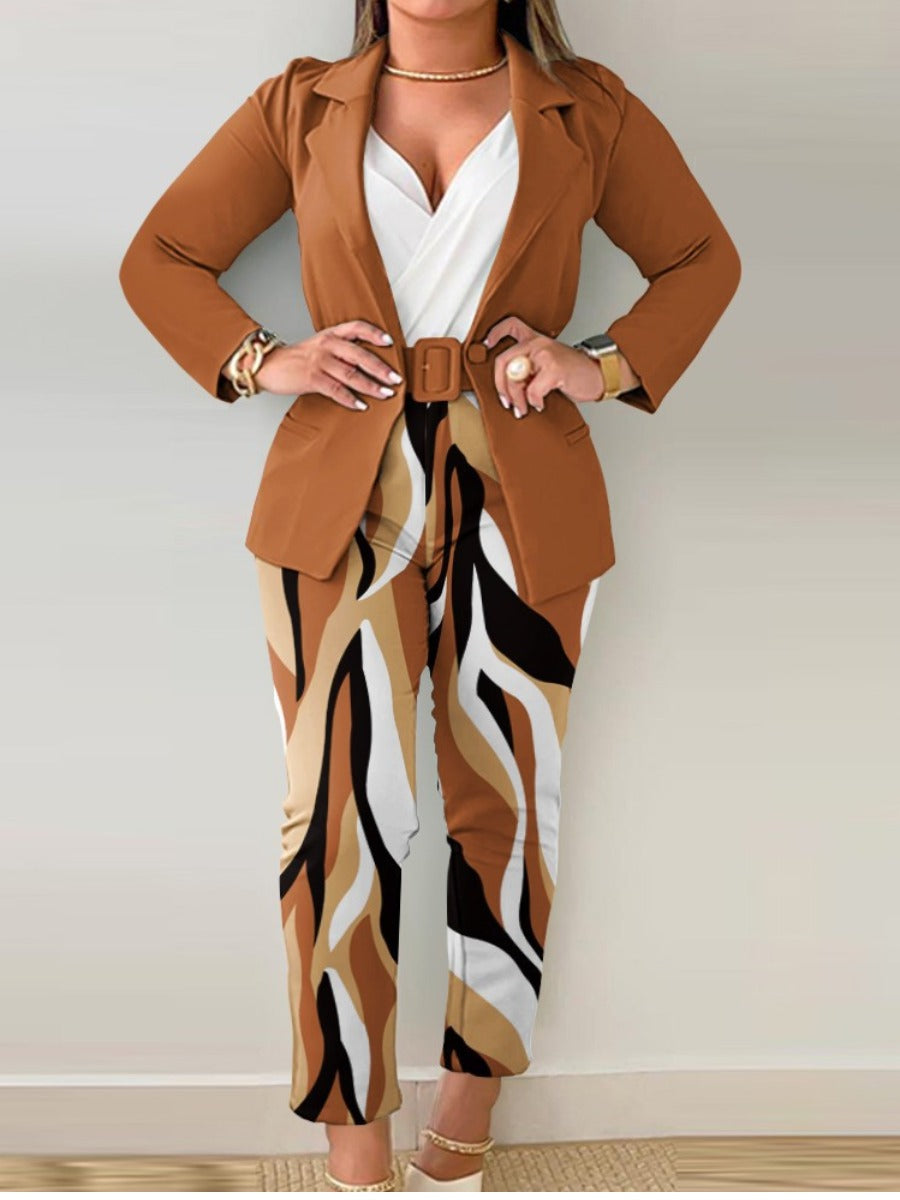 Letter Print Belt Design Blazer Pants Set Bo3021