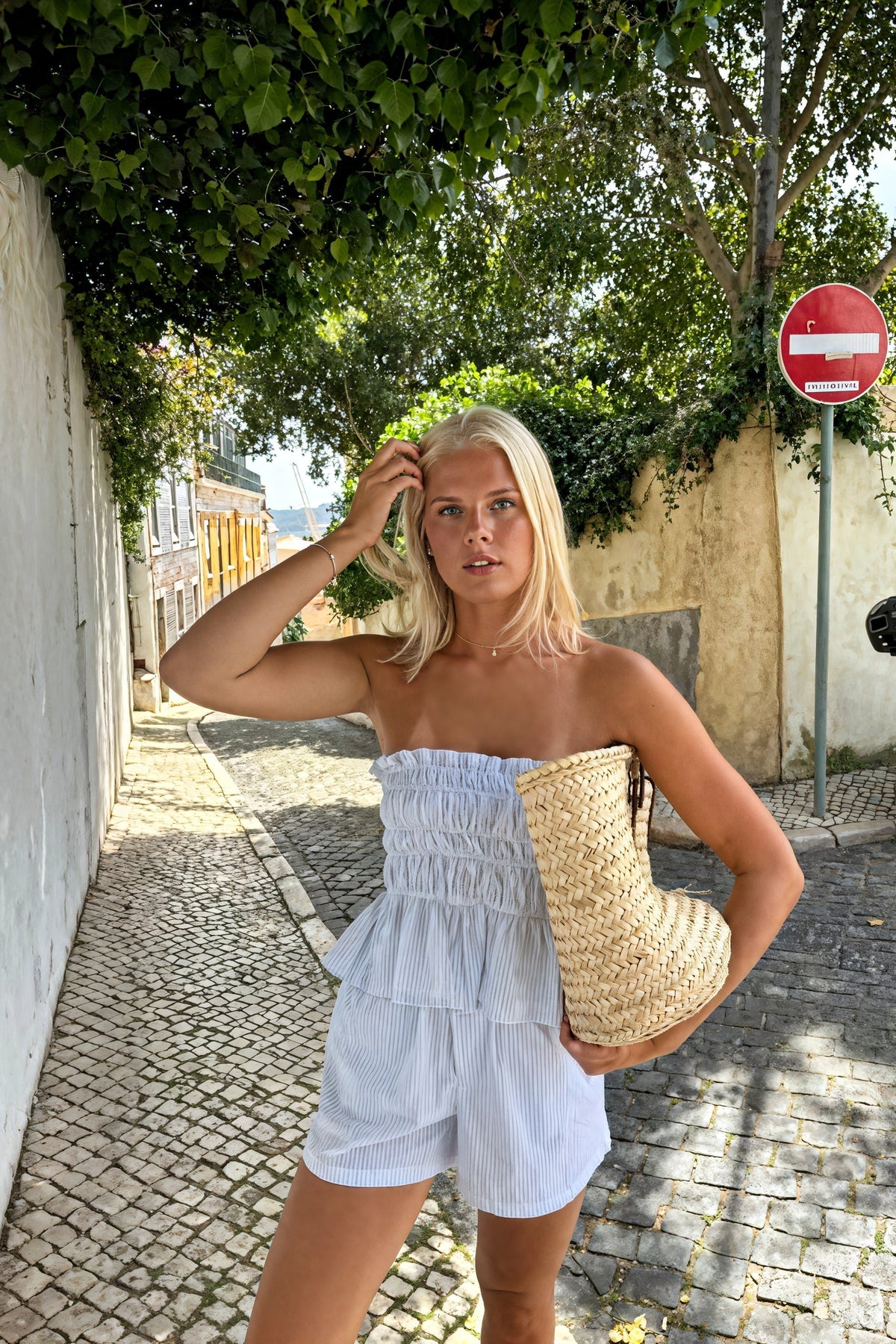 Vaela – Ruffle Bandeau Tube Top and Loose Shorts Set