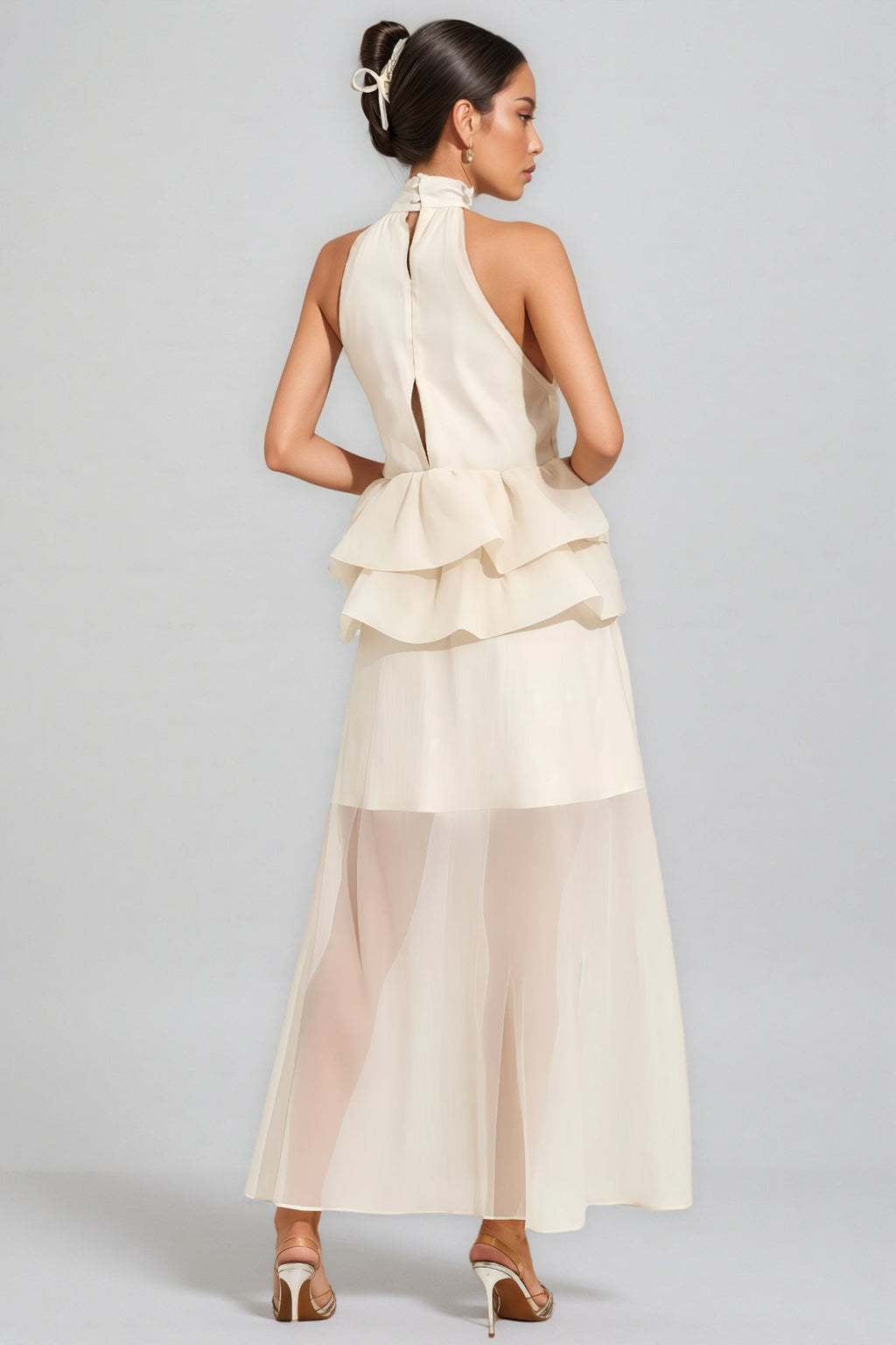 Minnk Apricot Halter Ruffle Maxi Dress