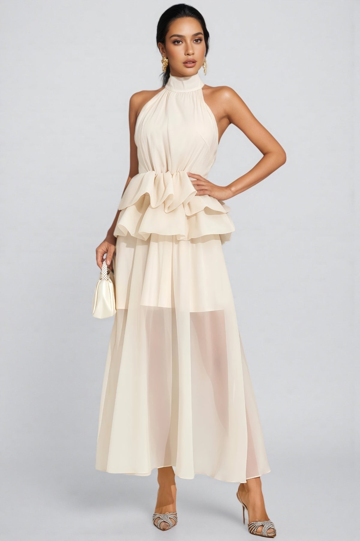 Minnk Apricot Halter Ruffle Maxi Dress