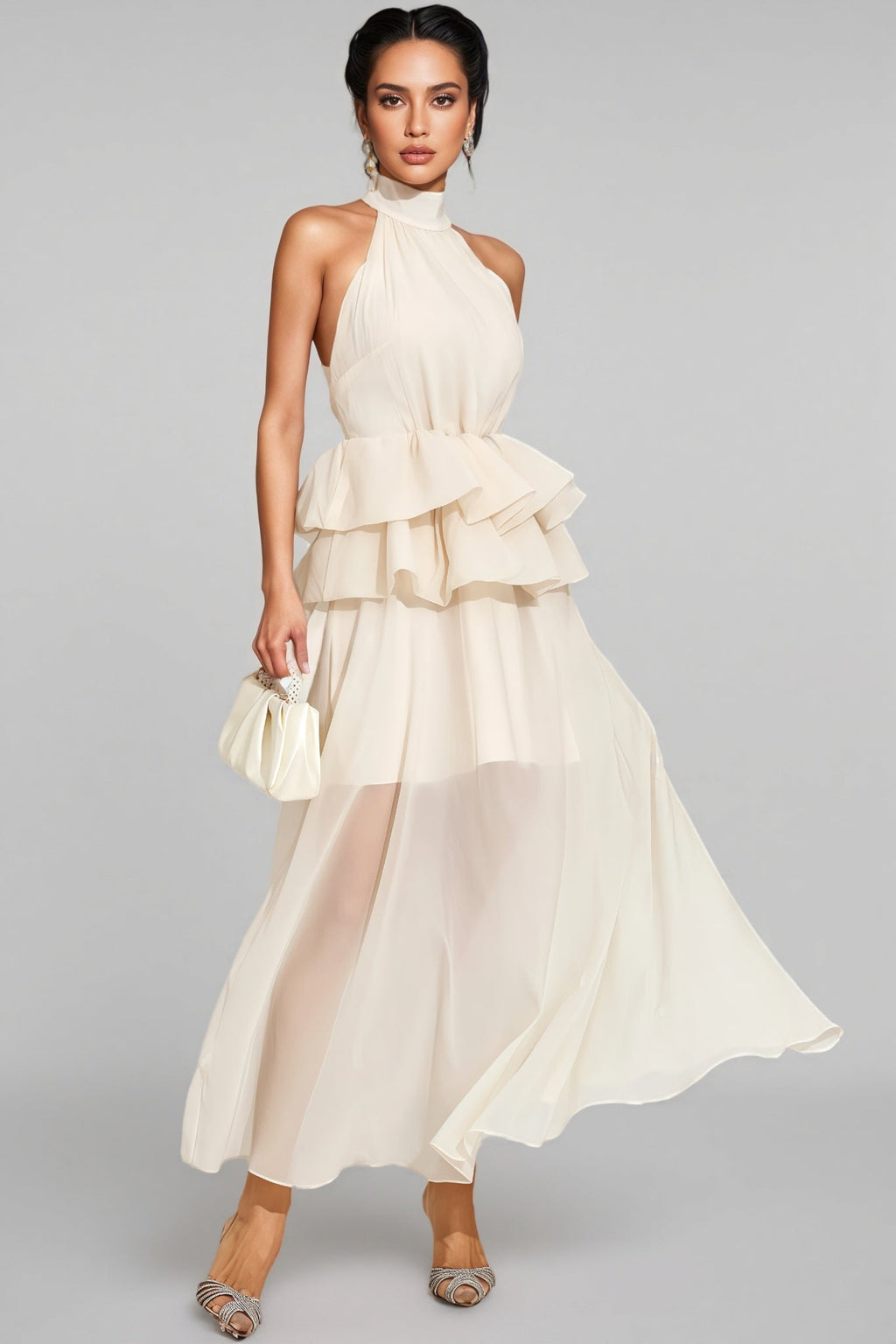 Minnk Apricot Halter Ruffle Maxi Dress