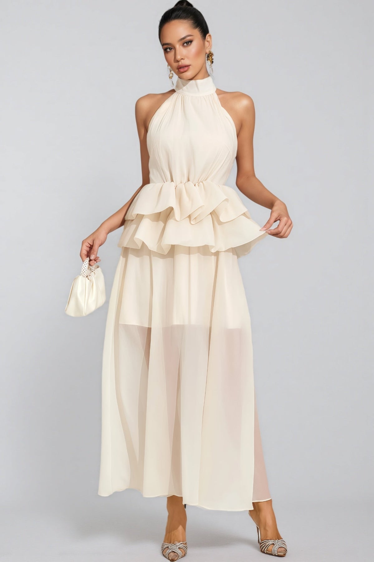 Minnk Apricot Halter Ruffle Maxi Dress