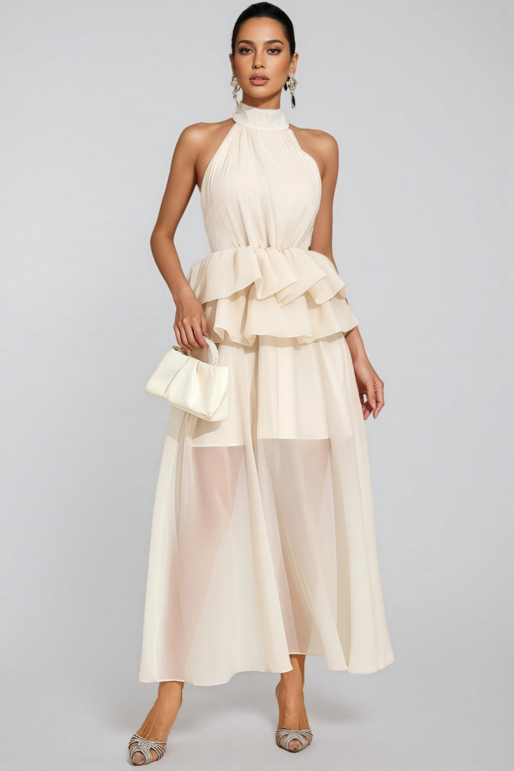 Minnk Apricot Halter Ruffle Maxi Dress