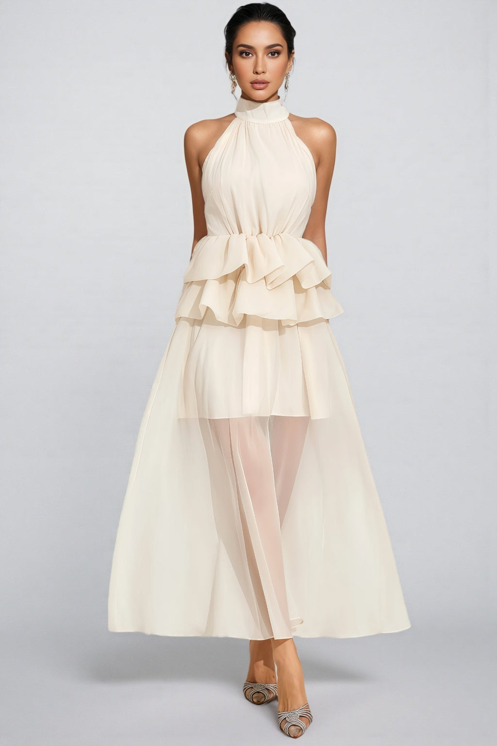 Minnk Apricot Halter Ruffle Maxi Dress