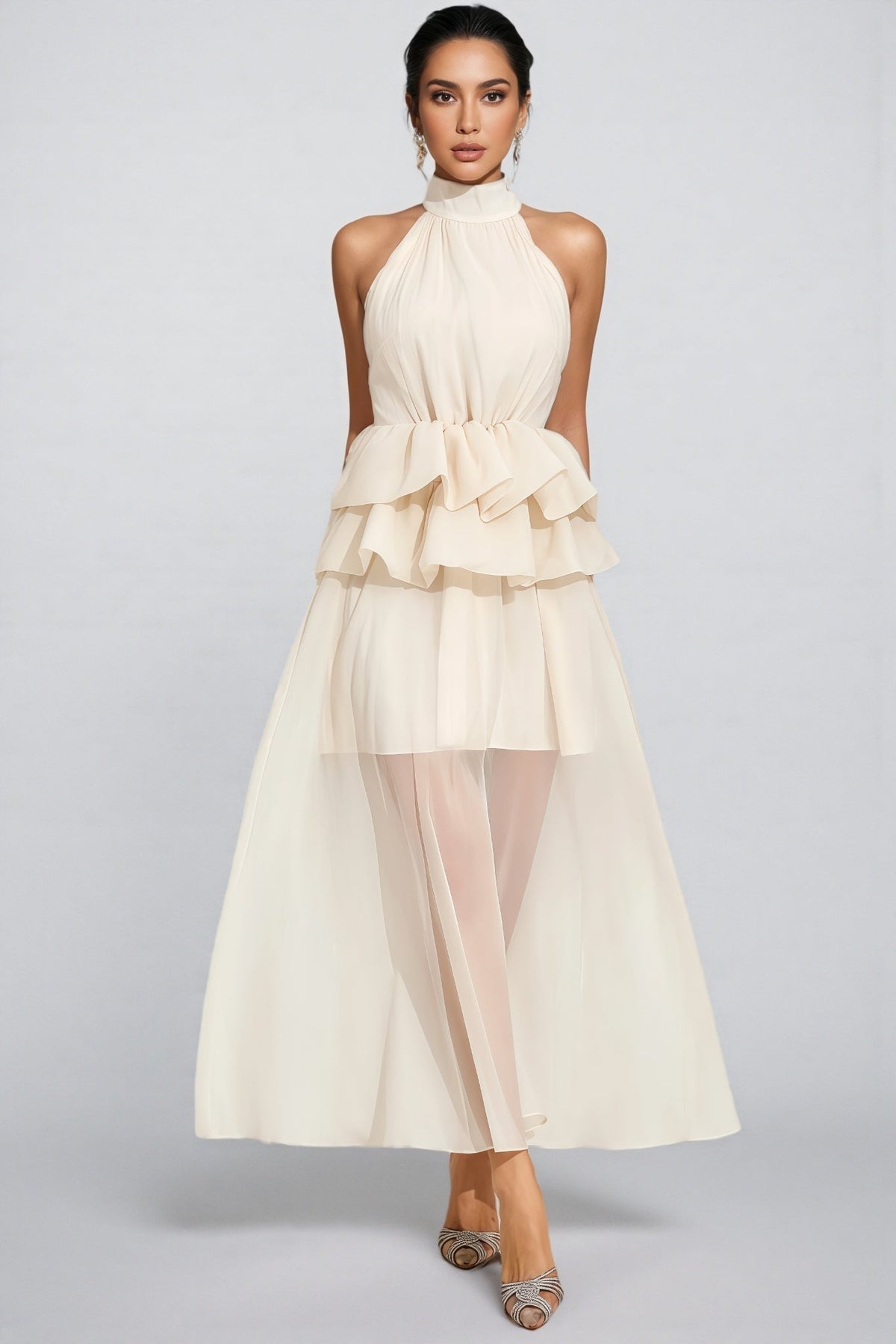 Minnk Apricot Halter Ruffle Maxi Dress