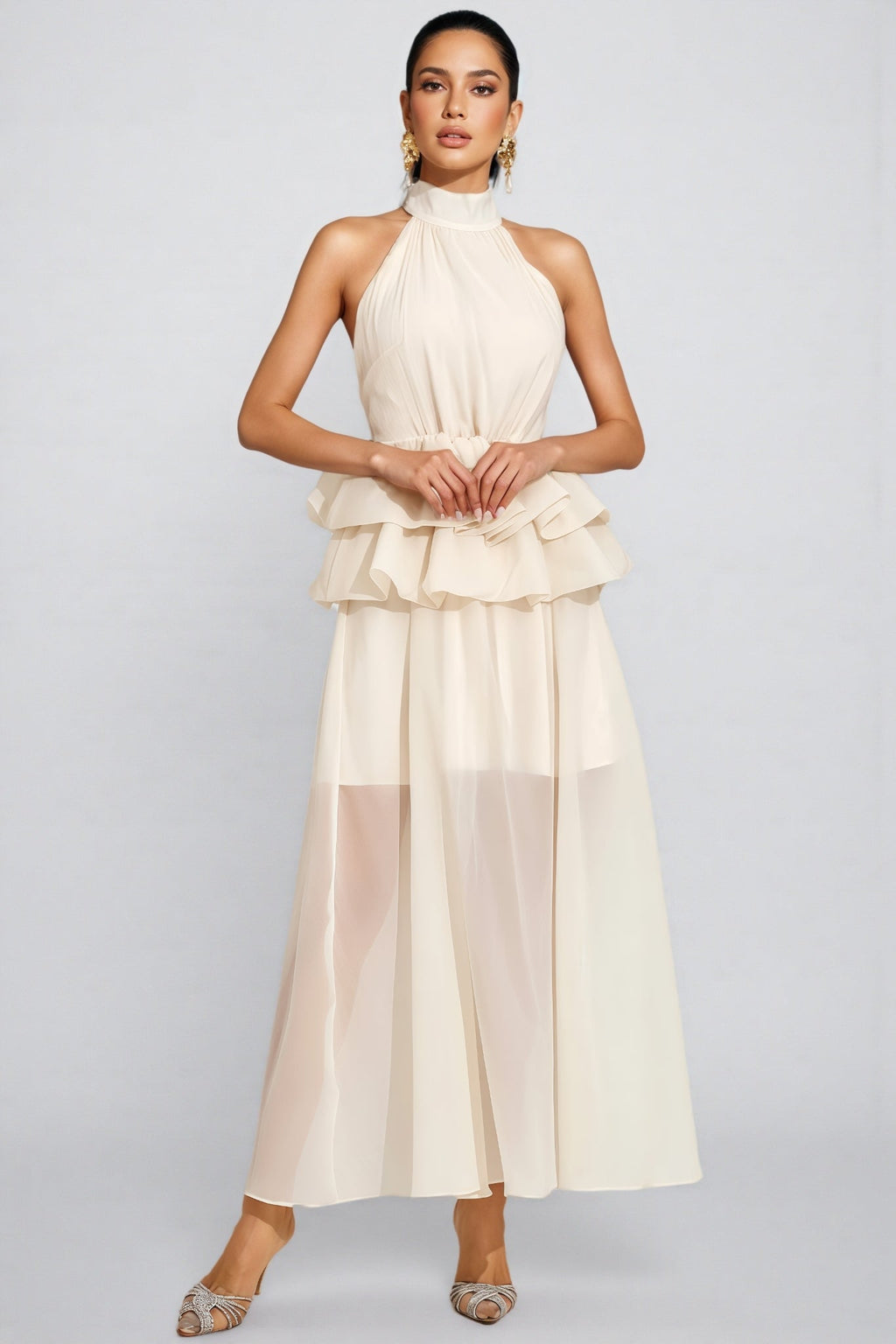 Minnk Apricot Halter Ruffle Maxi Dress