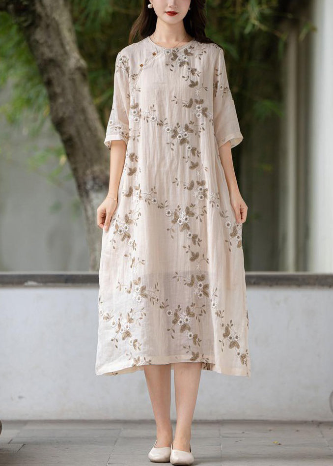 Apricot Button Linen Long Dress O Neck Half Sleeve Mn056