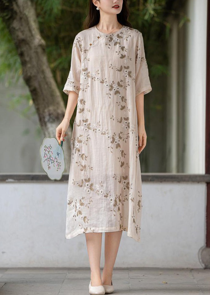 Apricot Button Linen Long Dress O Neck Half Sleeve Mn056