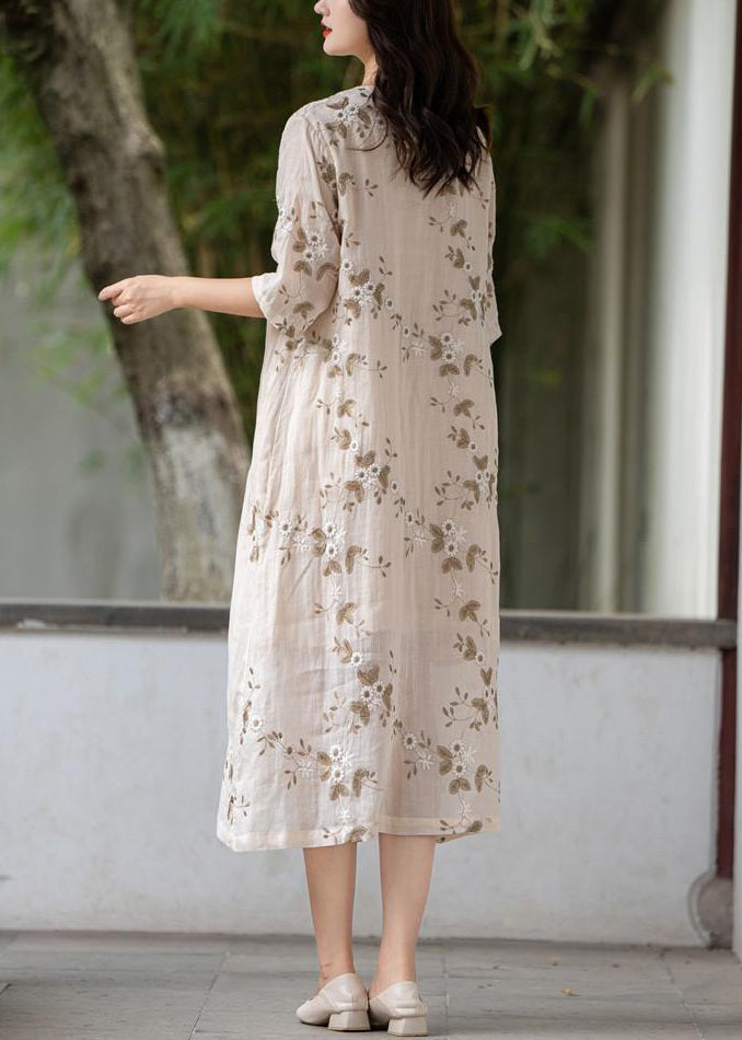 Apricot Button Linen Long Dress O Neck Half Sleeve Mn056