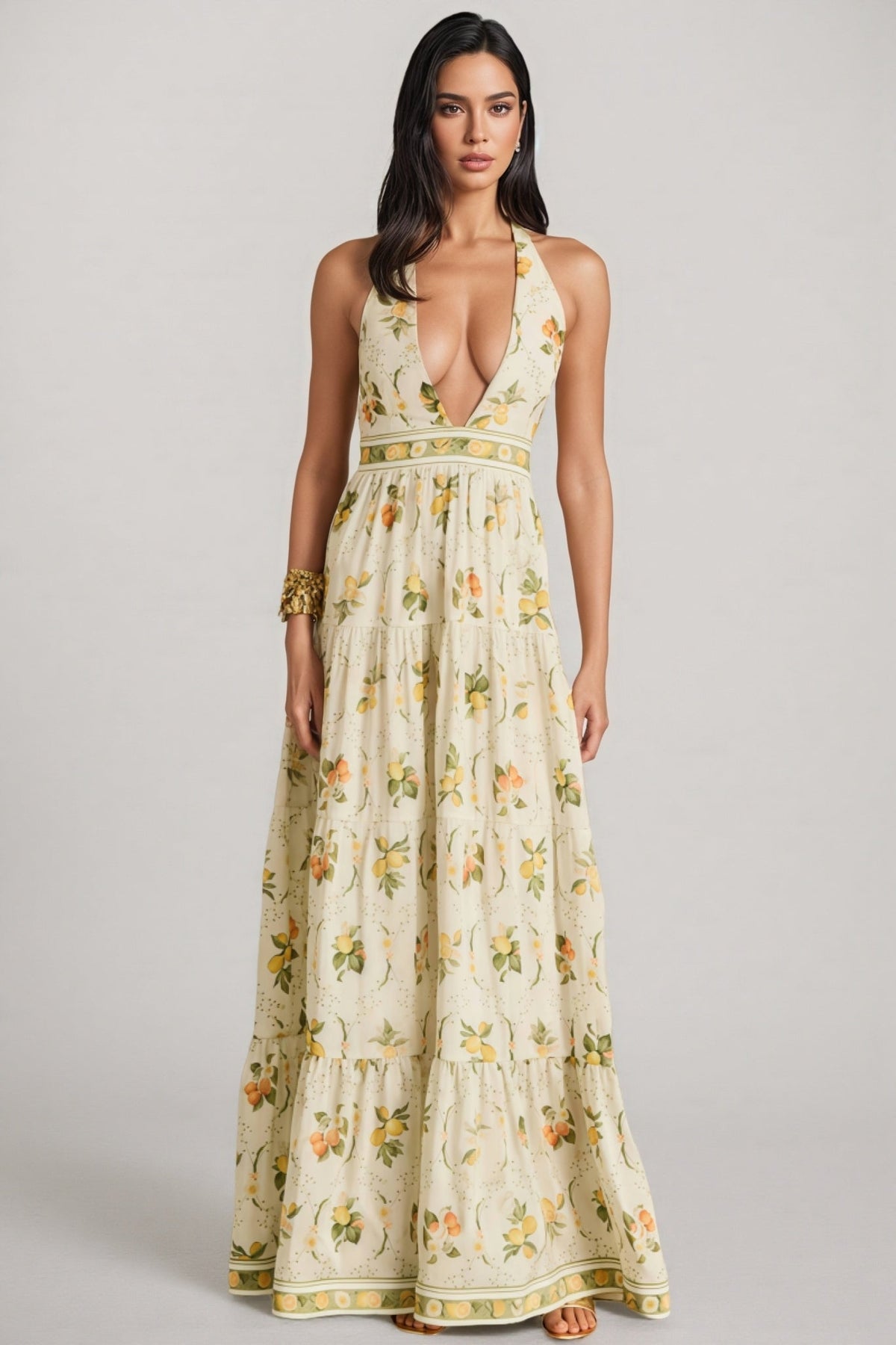 Normas Backless Printed V-neck Maxi Dress