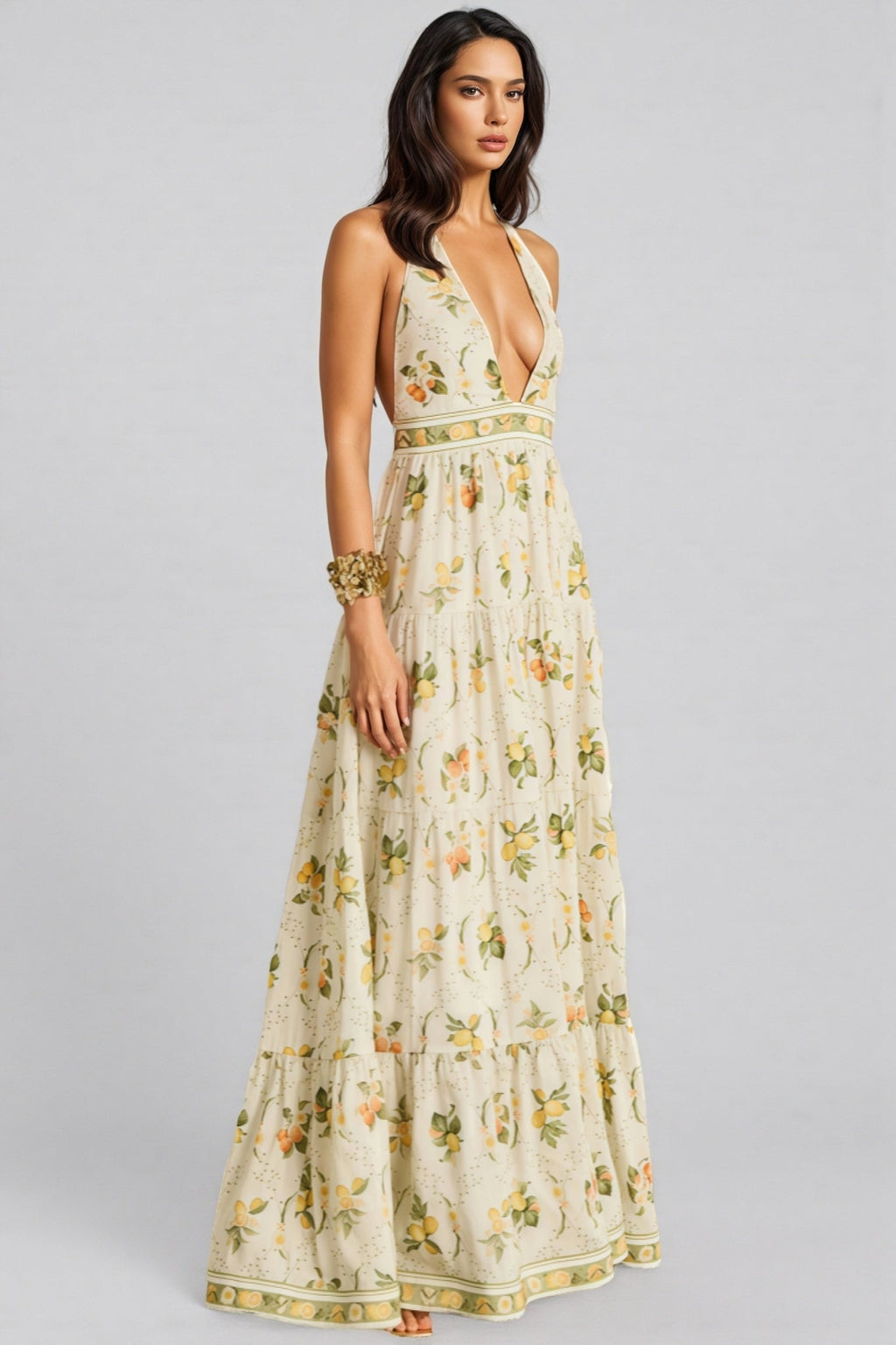 Normas Backless Printed V-neck Maxi Dress
