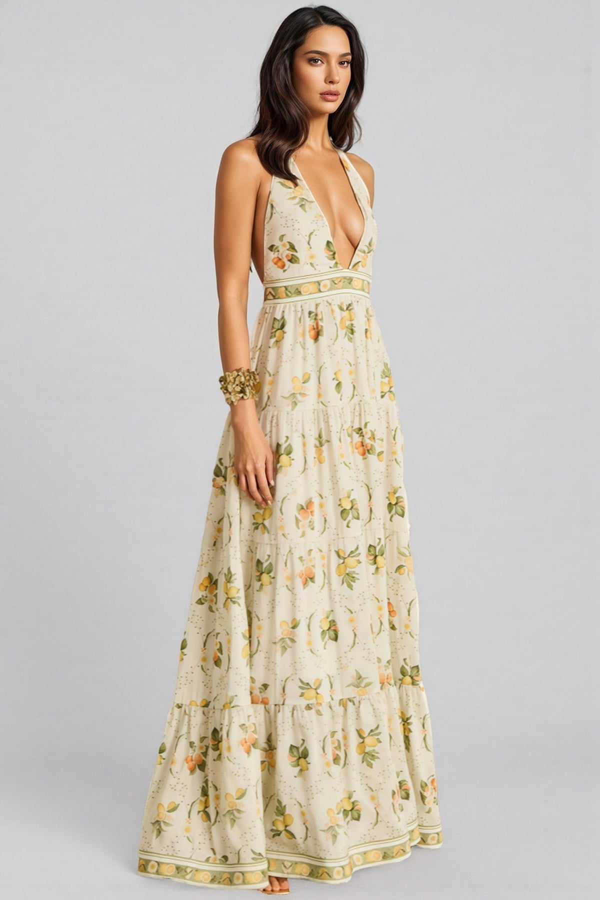Normas Backless Printed V-neck Maxi Dress