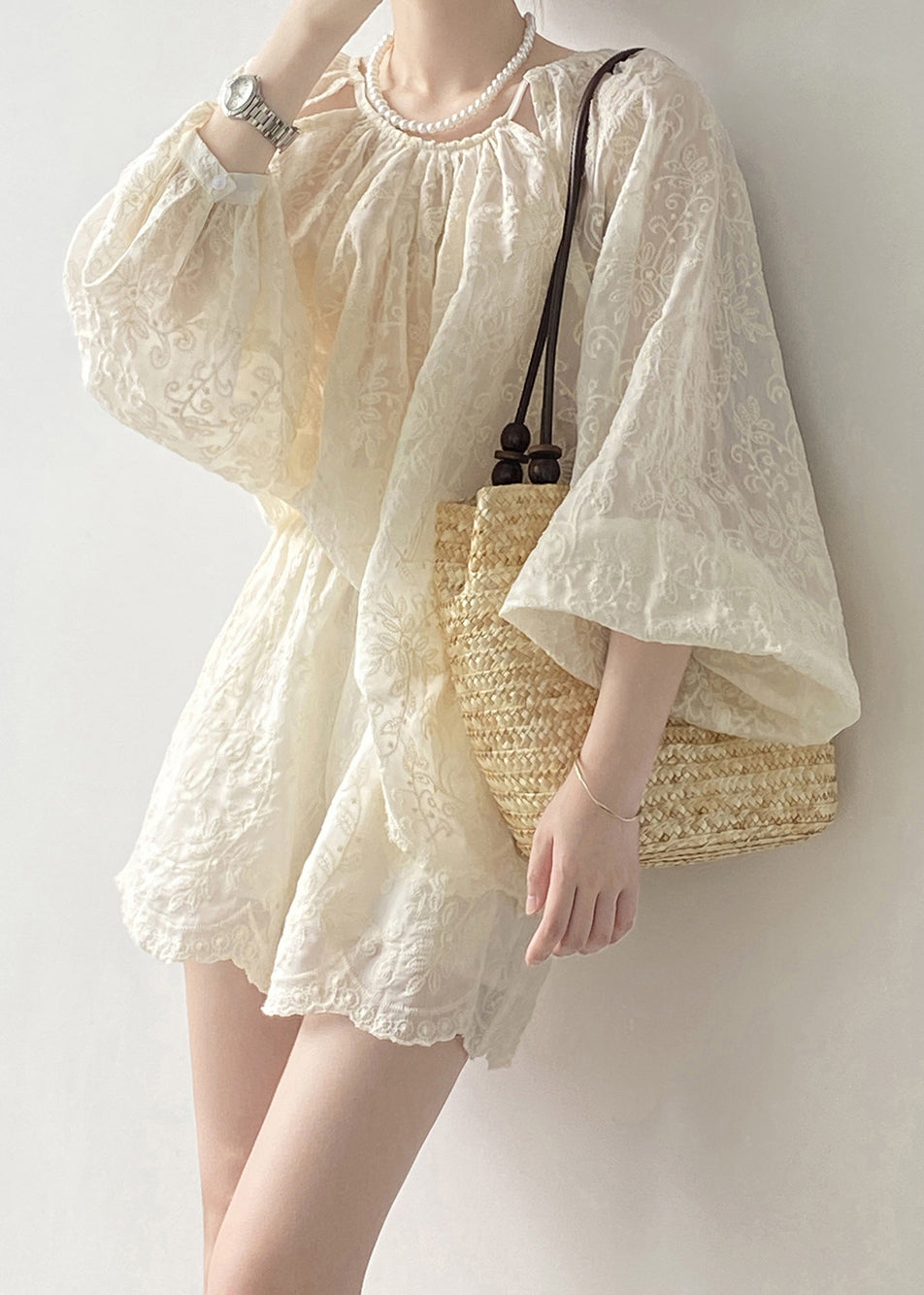 Art Beige Embroidered Tops and Shorts Cotton Two Piece Set Spring