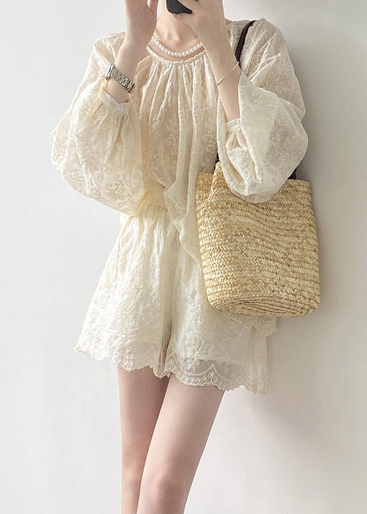Art Beige Embroidered Tops and Shorts Cotton Two Piece Set Spring