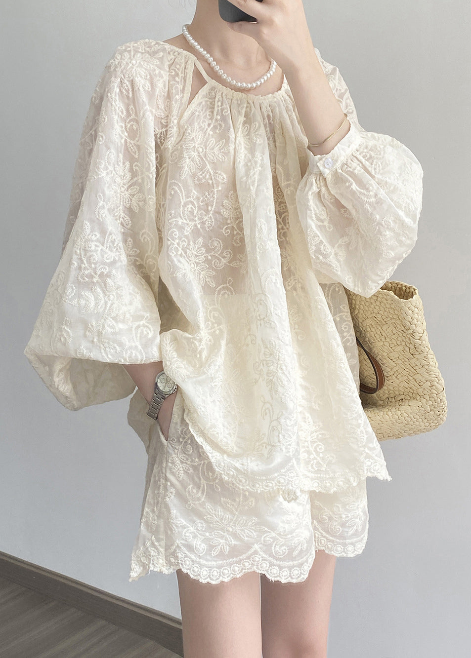 Art Beige Embroidered Tops and Shorts Cotton Two Piece Set Spring