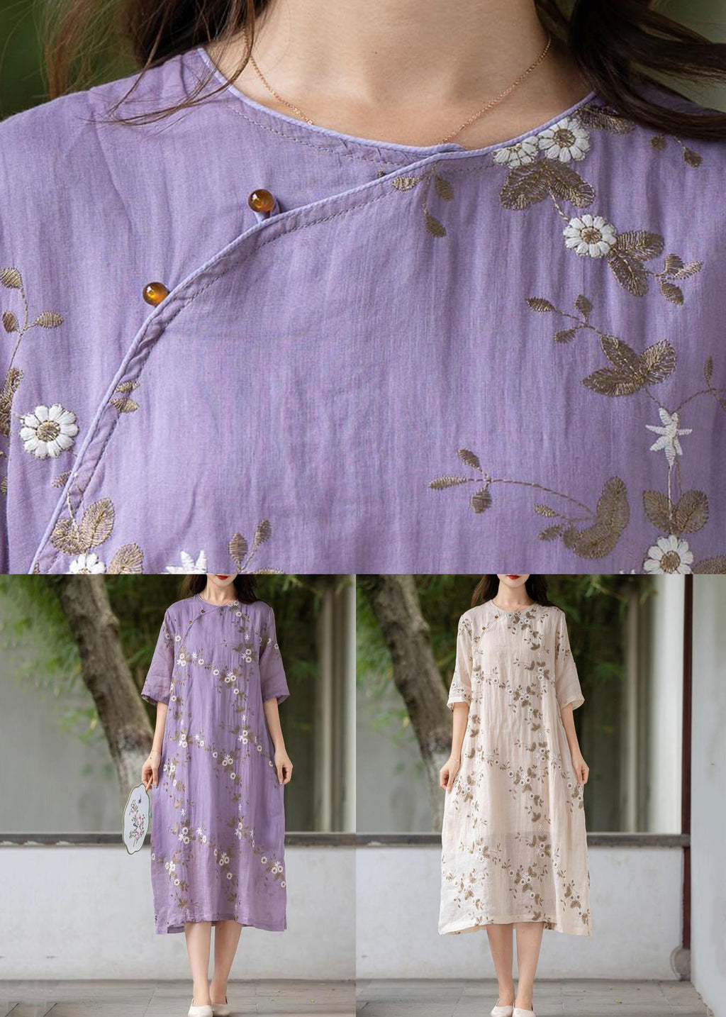 Apricot Button Linen Long Dress O Neck Half Sleeve Mn056