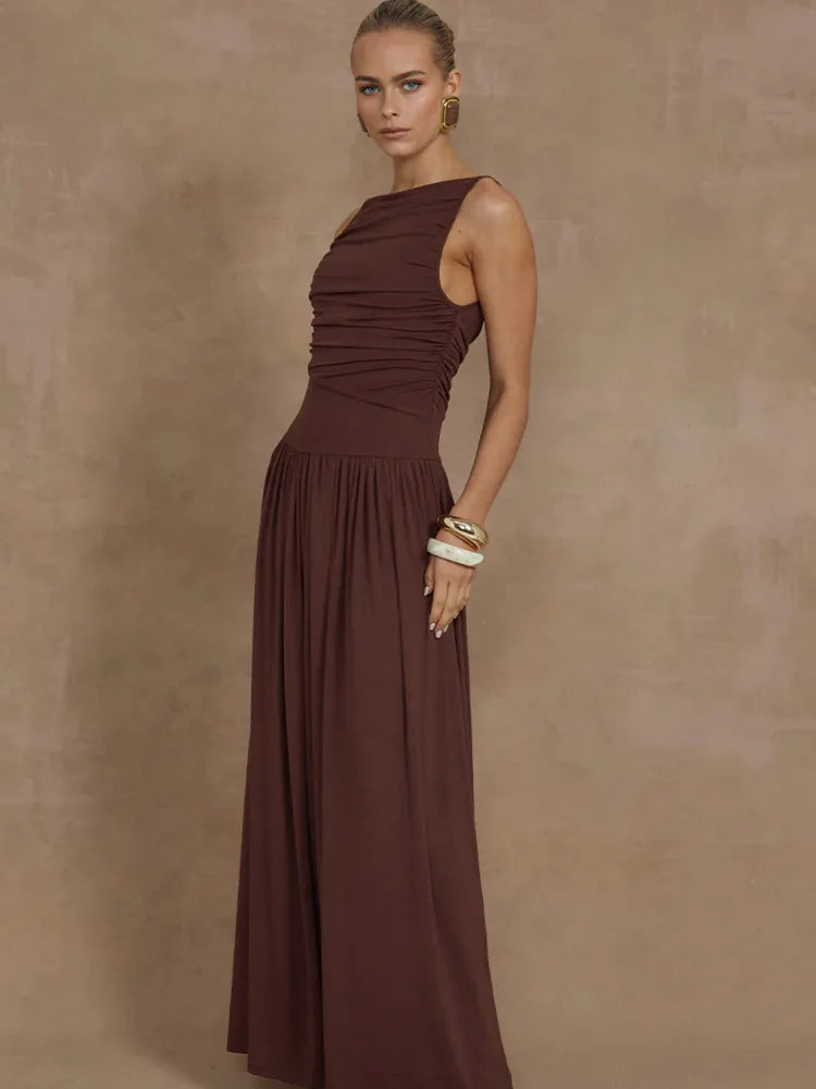 Artcat Sleeveless Round Neck Bodycon Long Dress for Folded Slimming Party Evening Dress Female Tight Vestido