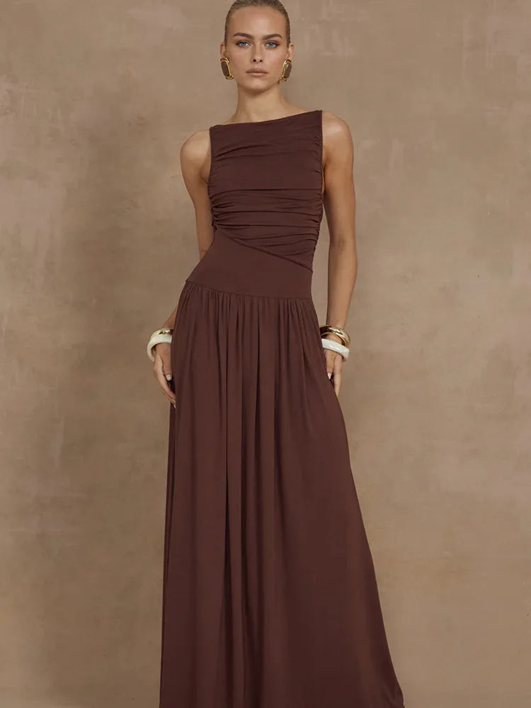 Artcat Sleeveless Round Neck Bodycon Long Dress for Folded Slimming Party Evening Dress Female Tight Vestido