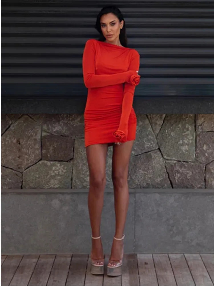 Autumn Long Sleeve Tight Dress for Backless Bodycon Mini Dress Fold Female Party Club Evening Dress